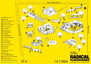 A drawn plan of a site with buildings on a yellow background.
