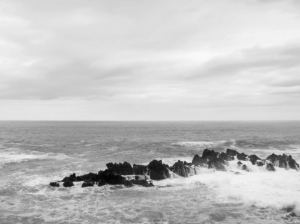 Black and white photography of the sea, wave crashing against a breakwater.