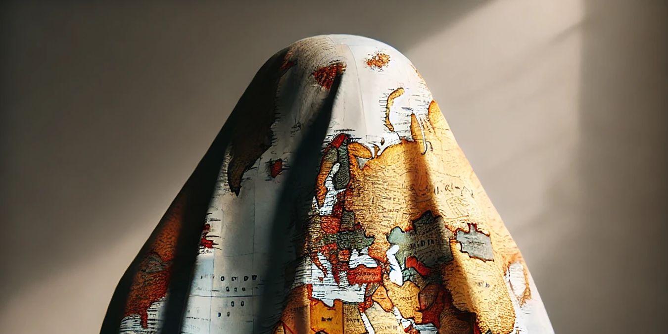A person with a cloak over their head and body on which the world map is depicted.