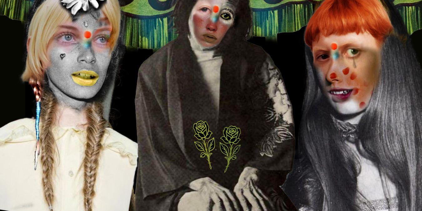 Collage of three individuals perceived as female, whose faces are partially painted with colorful dots and collaged with floral motifs.