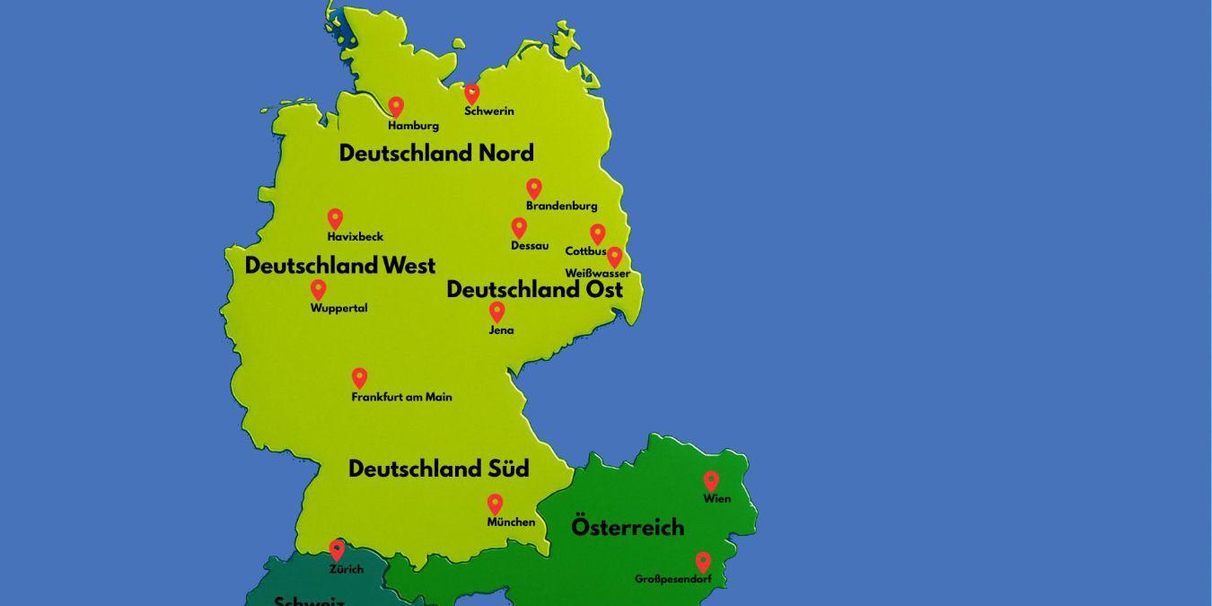 A map of Germany, Austria and Switzerland with red place markers