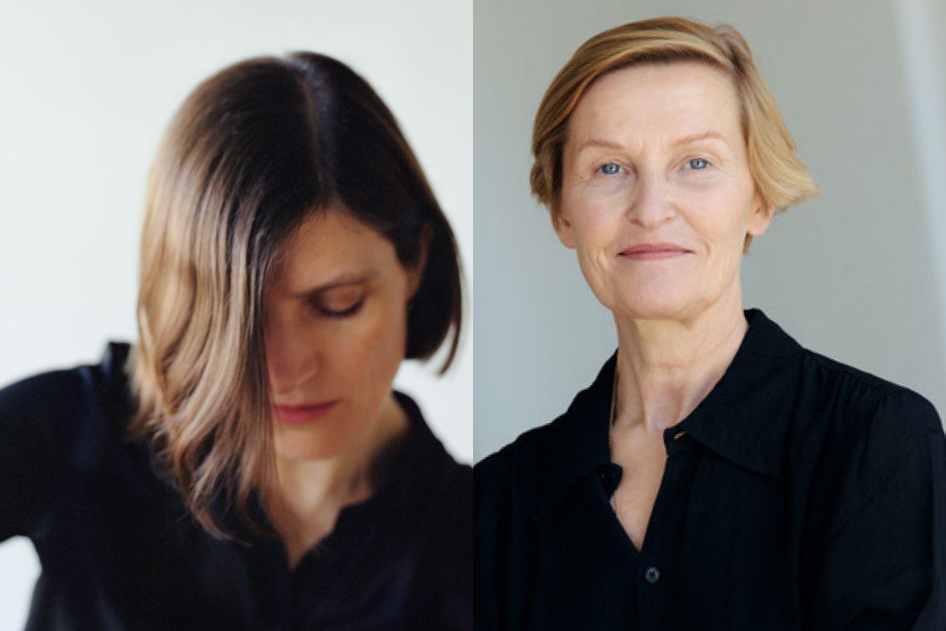 Portrait collage: Gisèle Vienne lets her hair fall over her face. Marietta Piekenbrock smiles.