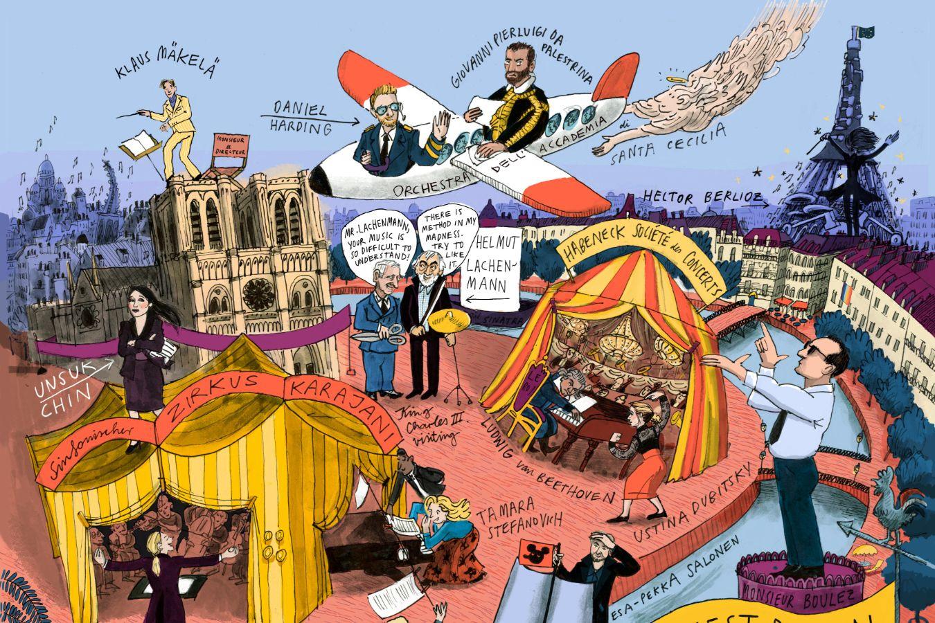 Wimmelbild von Paris, auf dem Komponist*innen und Musiker*innen zu sehen sind