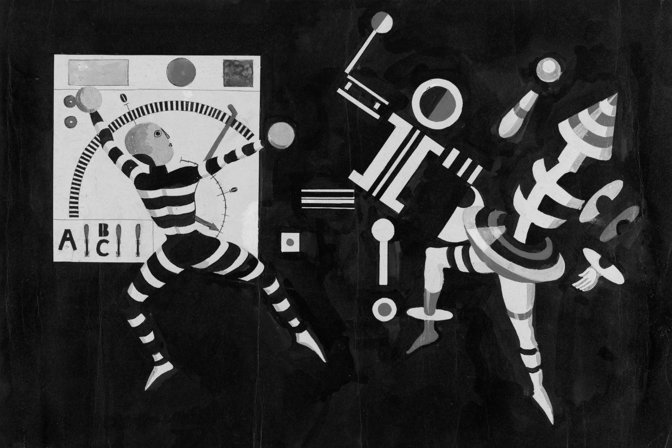 Drei geometrische Figuren sind so gezeichnet, als würden sie tanzen.