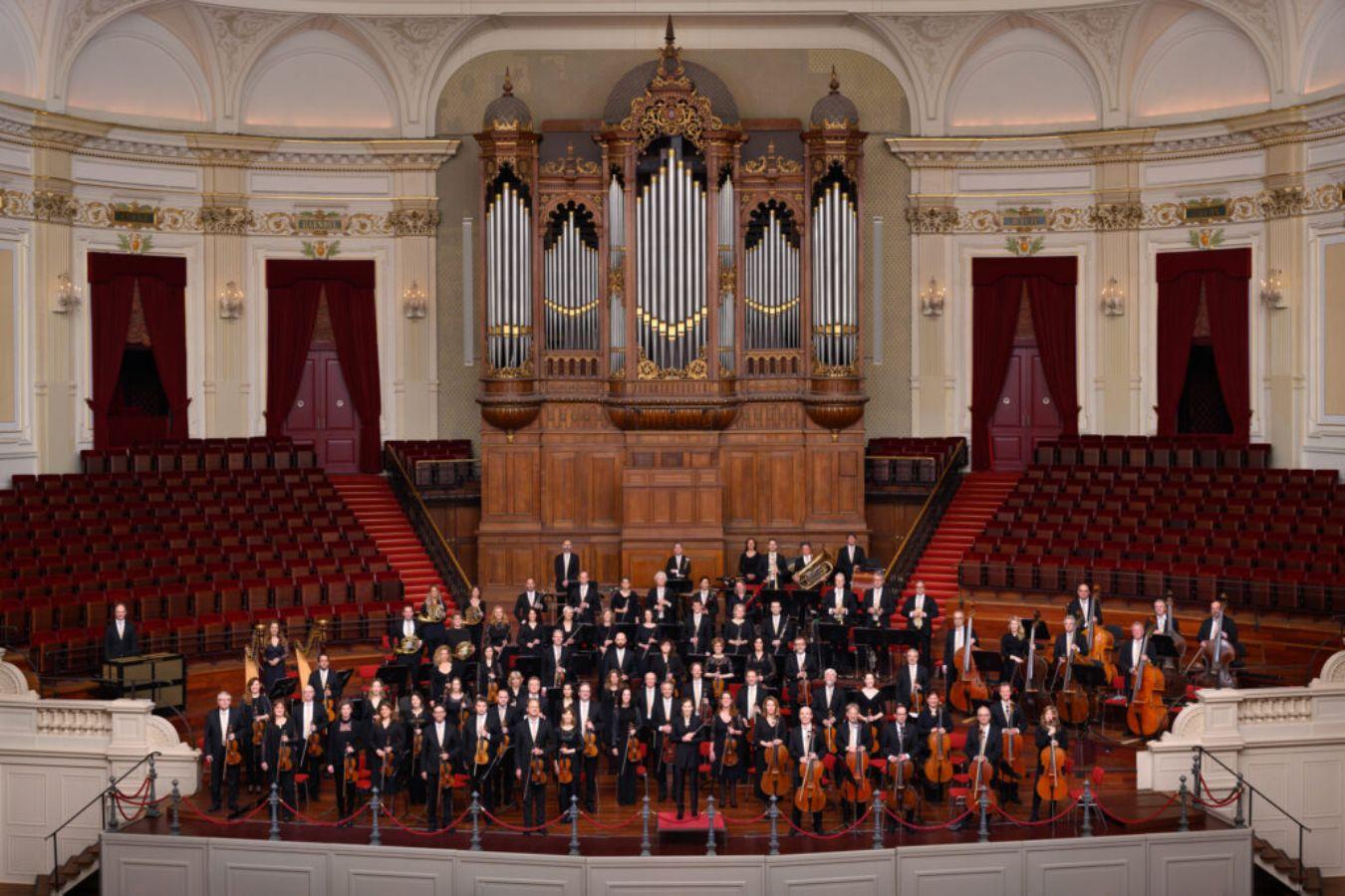 The musicians of an orchestra stand in front of a large organ in a concert hall.