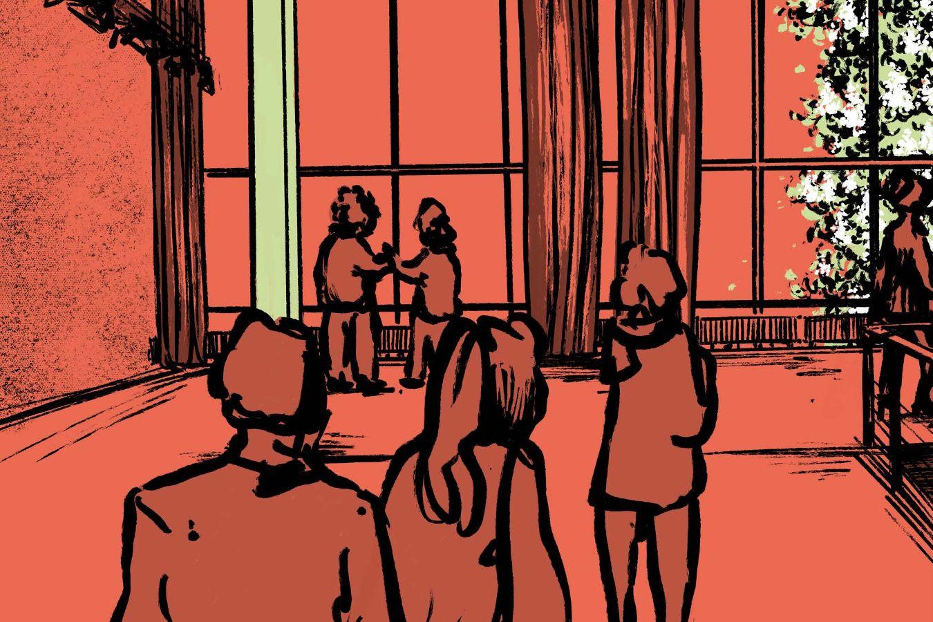 In einer Zeichnung in den Farben orange und grün halten sich Besucher*innen im Oberen Foyer des Haus der Berliner Festspiele auf