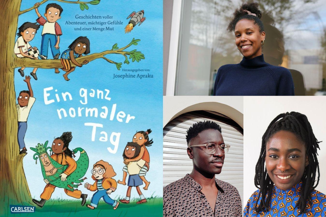 Eine Collage: Links ist der Titel eines illustrierten Kinderbuchs zu sehen, auf dem Kinder bei einem Baum spielen. Rechts sind zwei Portraitaufnahmen von Josephine Apraku und Eric Otieno Sumba und zudem zwei Portrait-Illustrationen von Sharonda Quainoo