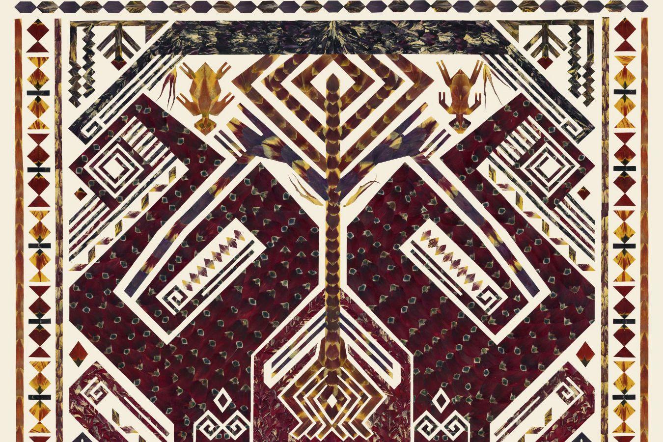 A square picture with an abstract, multicoloured pattern on a beige background