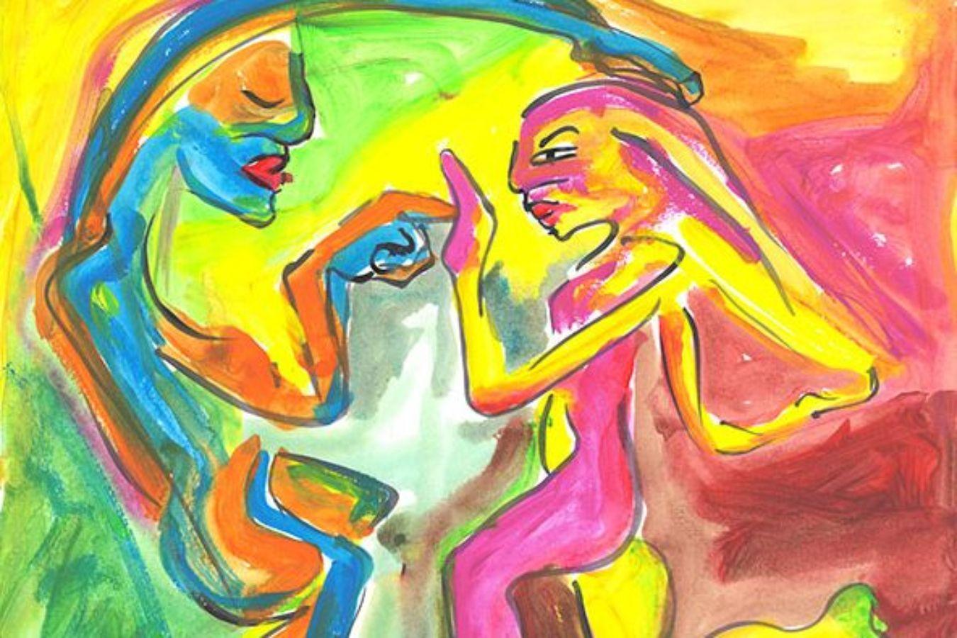 Buntes abstraktes Gemälde mit zwei dynamisch dargestellten Figuren in leuchtenden Farben, die sich gegenüberstehen.