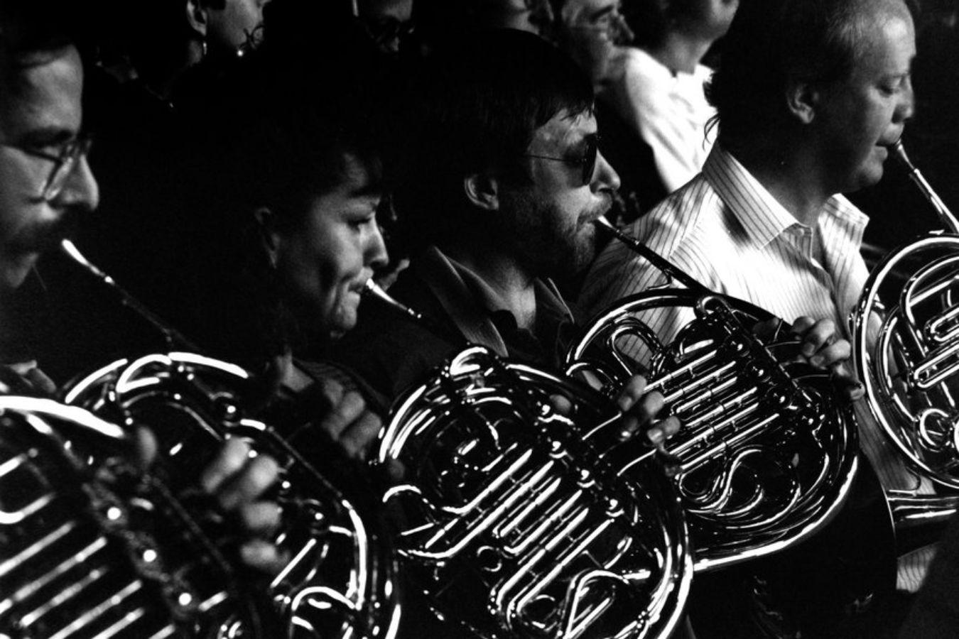 Menschen in Nahaufnahme, die Hörner spielen.