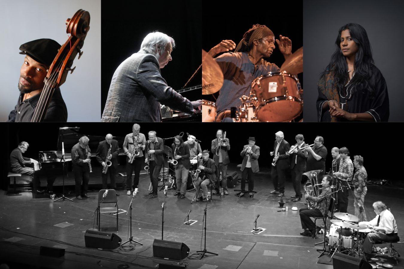 Oben Porträts eines Bassisten, Pianisten, Schlagzeugers und einer Frau. Unten Jazzbigband während eines Auftritts.