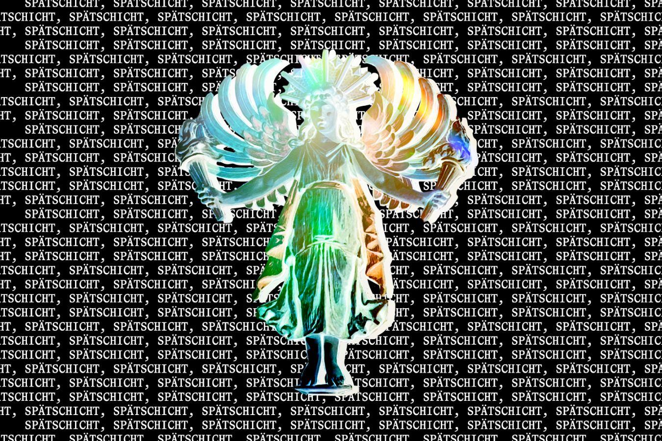 A colour-inverted angel figure holding two torches on a black backdrop printed entirely with the word ‘Spätschicht’ in small white letters.