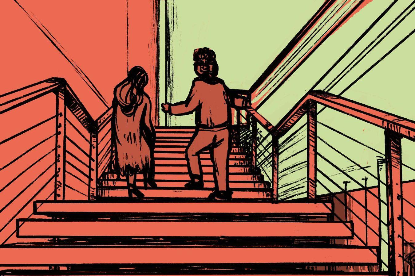 In einer Zeichnung in den Farben orange und grün gehen zwei Personen die Treppe hoch ins Obere Foyer des Haus der Berliner Festspiele