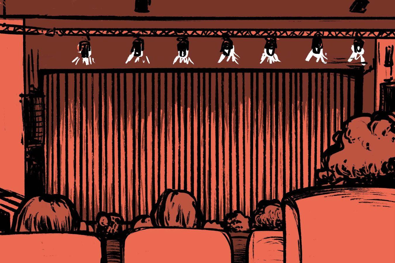 In einer Zeichnung in den Farben orange und grün sitzen Besucher*innen im Großen Saal des Haus der Berliner Festspiele und schauen Richtung Bühne