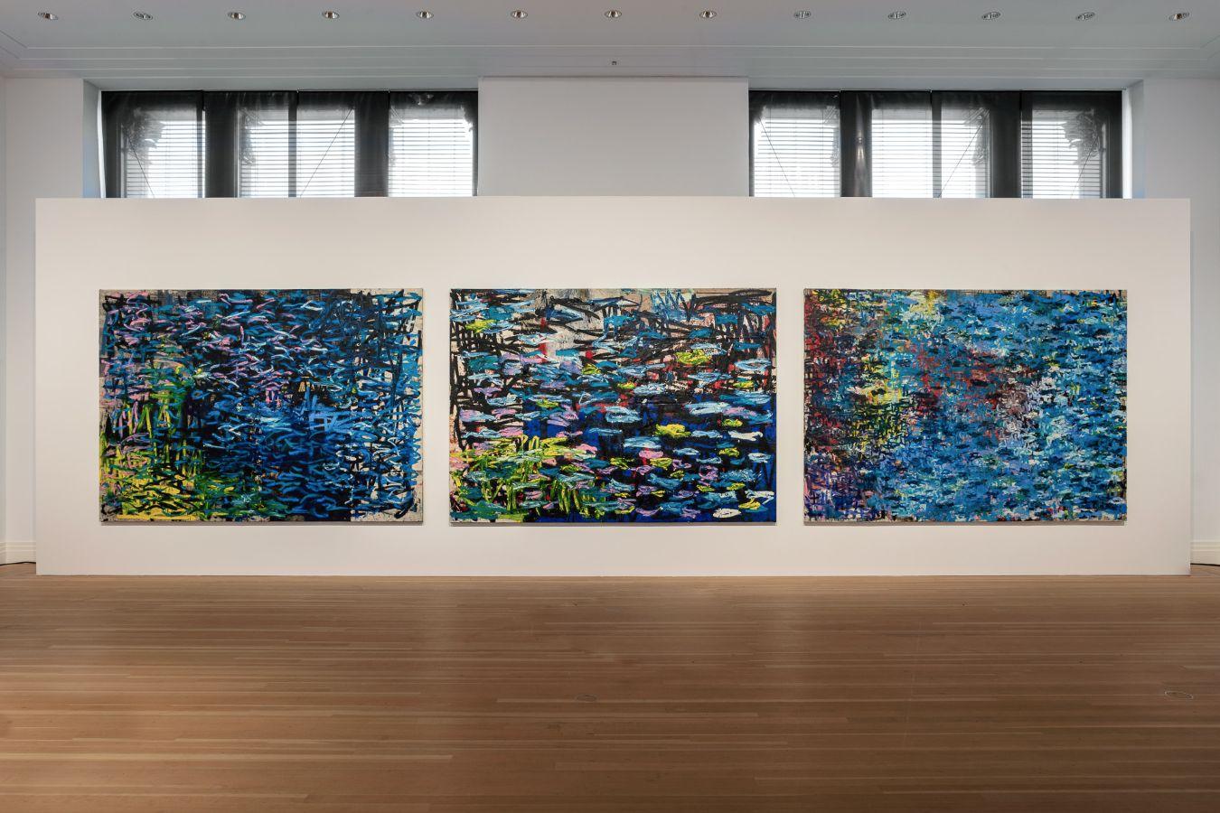 Indigo Waves and Other Stories: Re-Navigating the Afrasian Sea and Notions of Diaspora, Oscar Murillo, Installation view, Gropius Bau (2023)