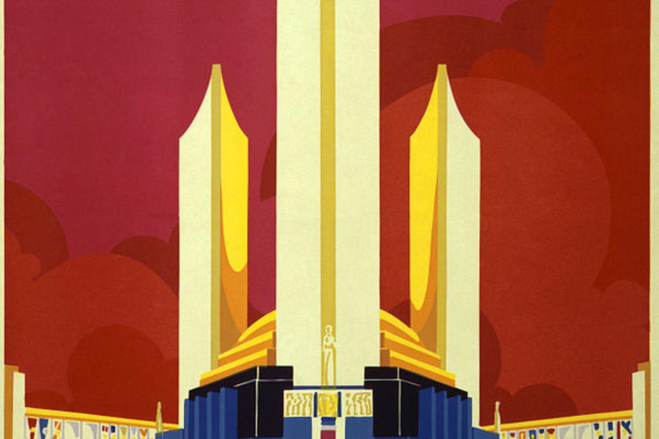 Graphic depiction of a monumental building with three yellow towers rising into a red sky. Above it the heading CHICAGO WORLD'S FAIR. MAY 27th. Nov. 1st. At the bottom the caption 1833 A CENTURY OF PROGRESS 1933.
