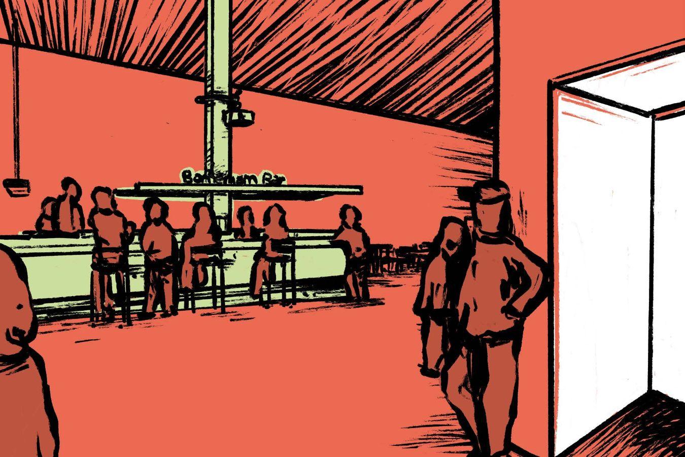 In einer Zeichnung in den Farben orange und grün sitzen und stehen Besucher*innen an der Bornemann Bar und unterhalten sich