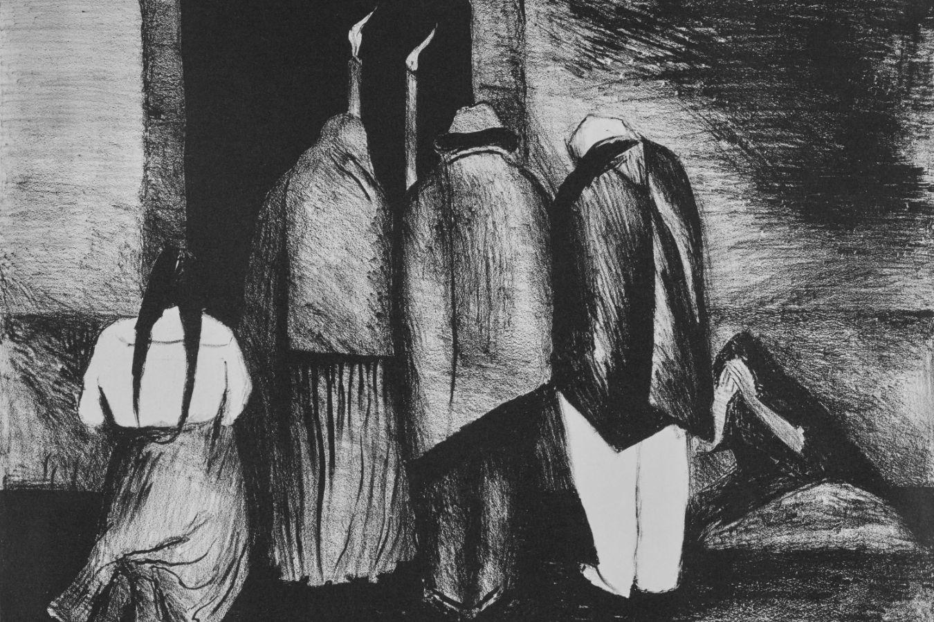 Lithograph depicting men and women kneeling and standing in front of a wall