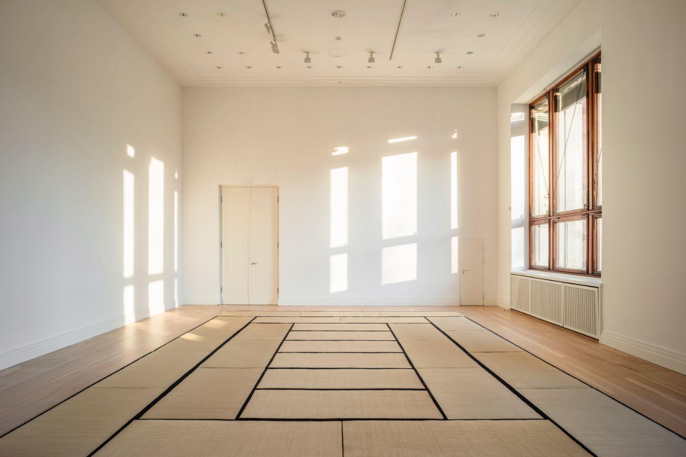 Ein heller Raum mit Tatami-Matten und einfallenen Sonnenstrahlen