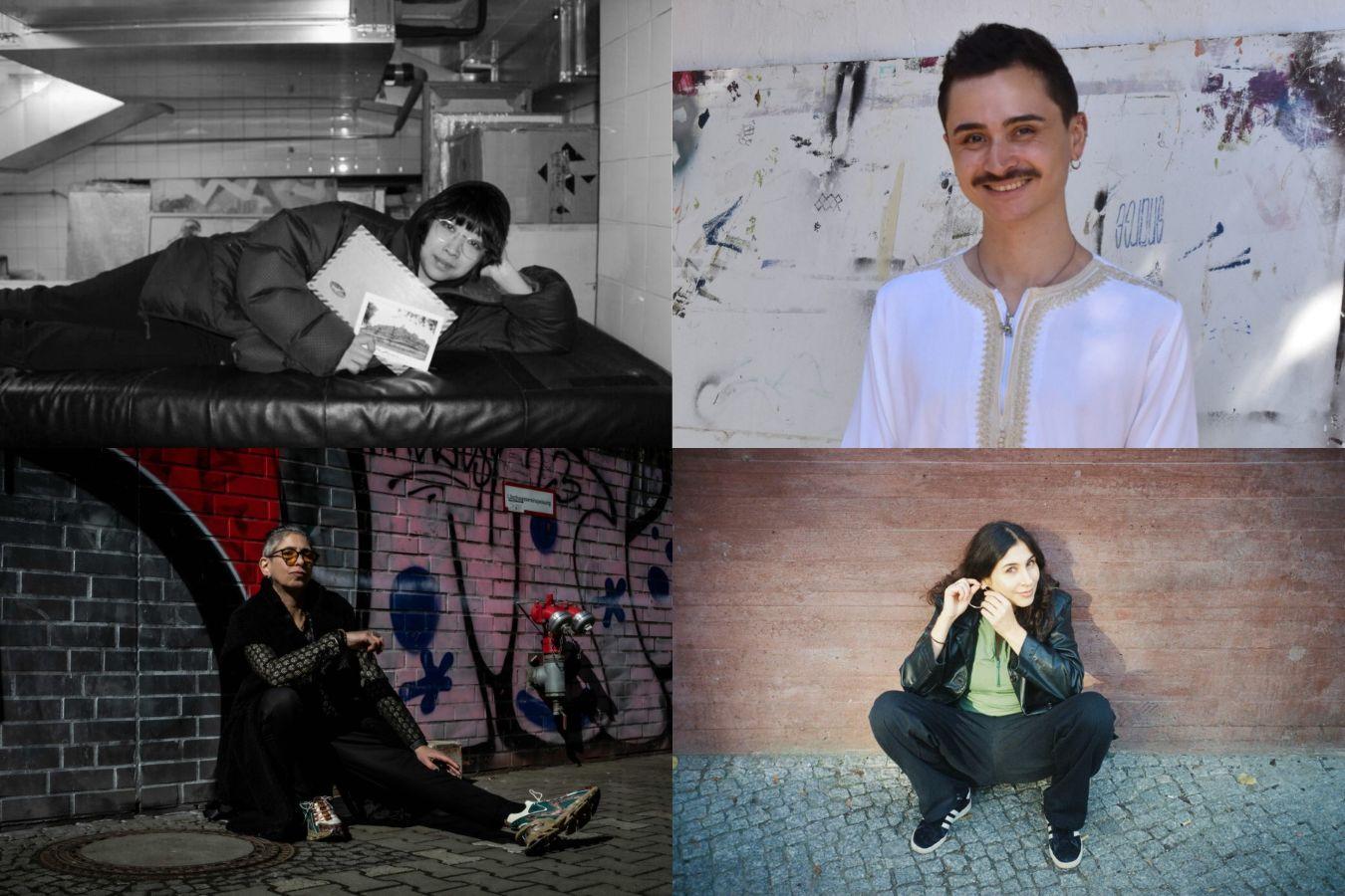 Collage aus vier Bildern mit Personen: liegend lesend, stehend vor graffitiartiger Wand, sitzend urban, auf Boden sitzend gegen Holzwand.