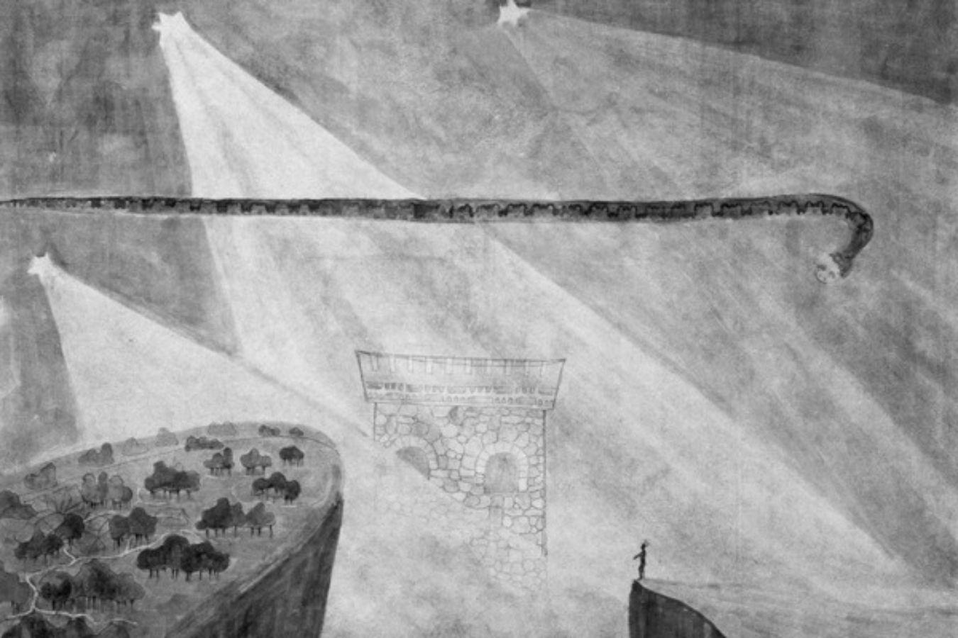 A symbolist watercolor shows starlight shining on a coastal landscape with a small person. An urban palace is visible in the background. A snake looks down on the person and the landscape.