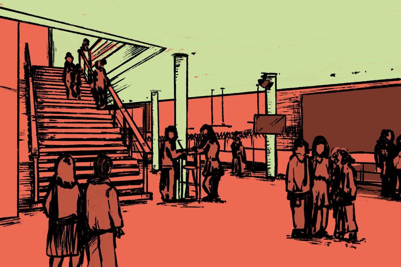 In einer Zeichnung in den Farben orange und grün halten sich Besucher*innen im Unteren Foyer des Haus der Berliner Festspiele auf und unterhalten sich