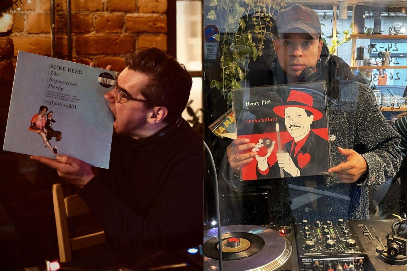 Links auf der Collage hält Matti Nives eine Mike-Reed-Schallplatte in die Kamera und tut so, als würde er hineinbeißen. Auf der rechten Seite steht Hermes Villena vor einem DJ-Pult und hält eine Henry-Fiol-Schallplatte in den Händen.