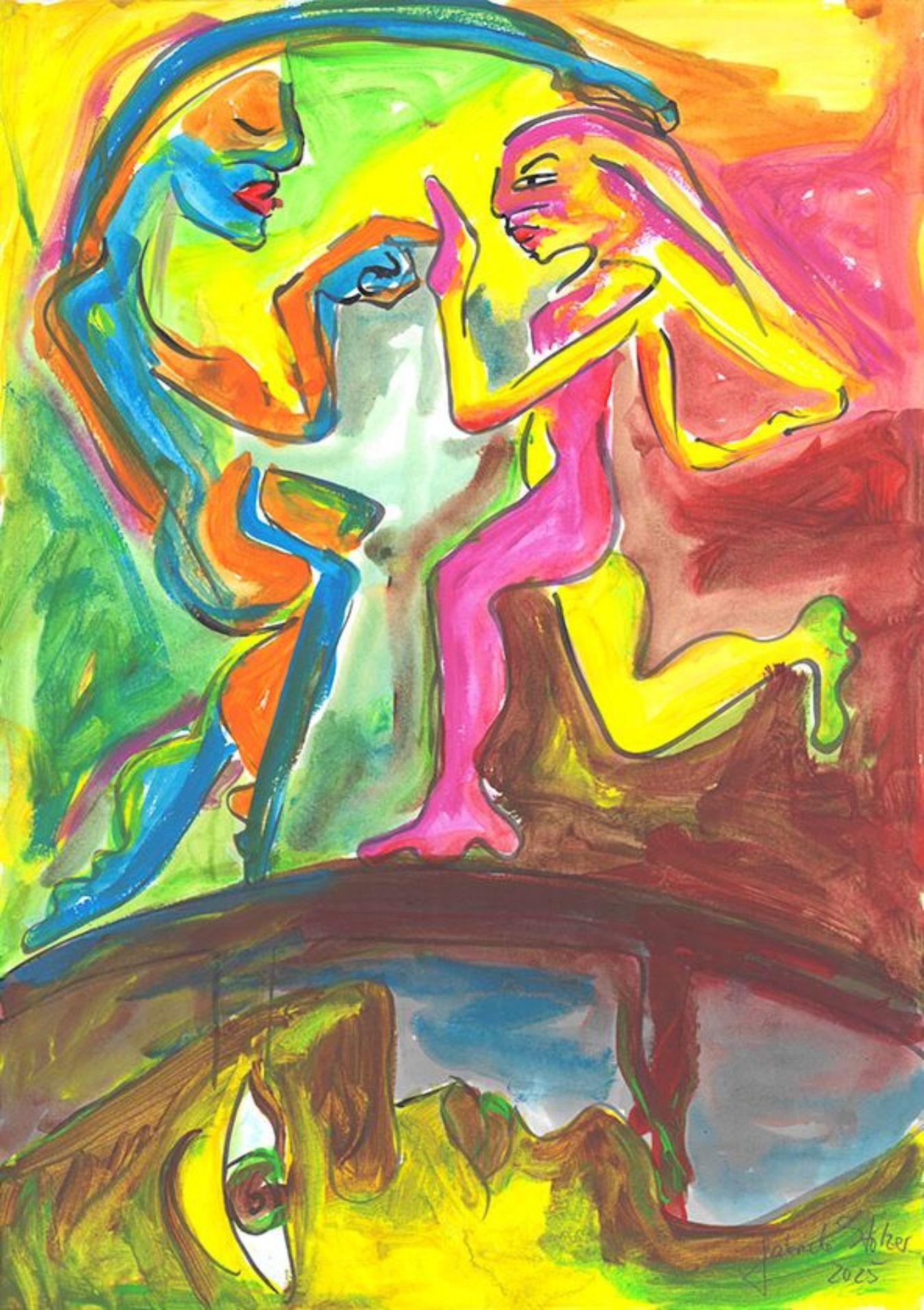 Buntes abstraktes Gemälde mit zwei dynamisch dargestellten Figuren in leuchtenden Farben, die sich gegenüberstehen.