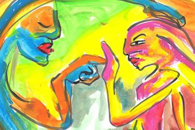 Colourful abstract painting featuring two dynamically posed figures facing each other in bright, vivid tones.