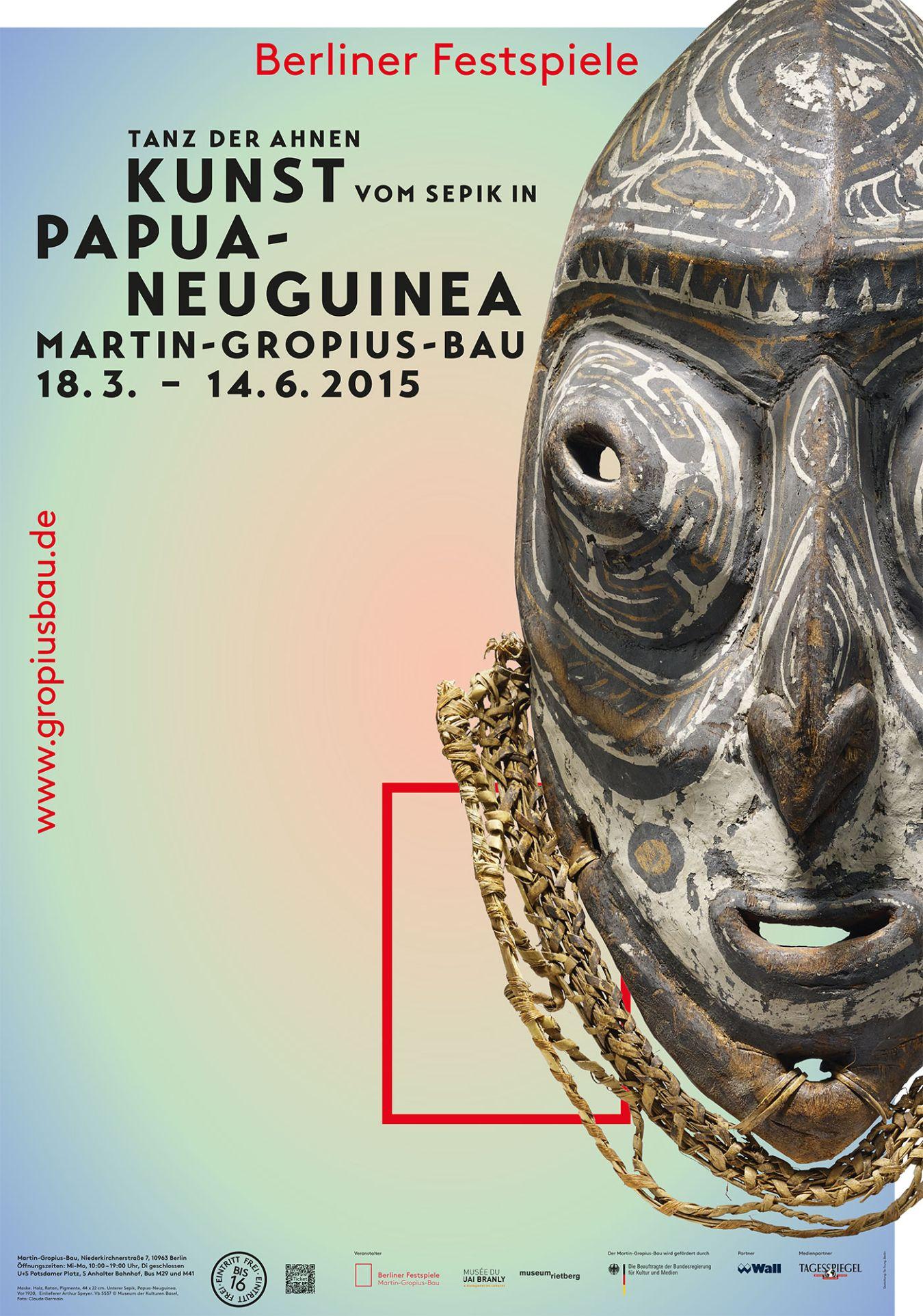 Ausstellungsplakat „Tanz der Ahnen. Kunst vom Sepik in Papua-Neuguinea“ Motiv: Maske, unterer Sepik. Papua Neuguinea. Vor 1920 © Museum der Kulturen Basel, Foto: Claude Germain