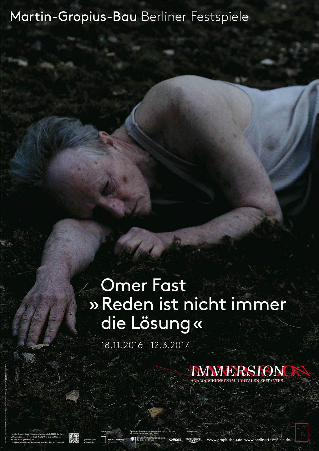 Exhibition poster “Omer Fast»Talking is not always the solution«” Courtesy Galerie Arratia Beer / gb agency / Dvir Gallery / James Cohan Gallery / Filmgalerie 451 © Omer Fast. Plakatgestaltung Ta-Trung