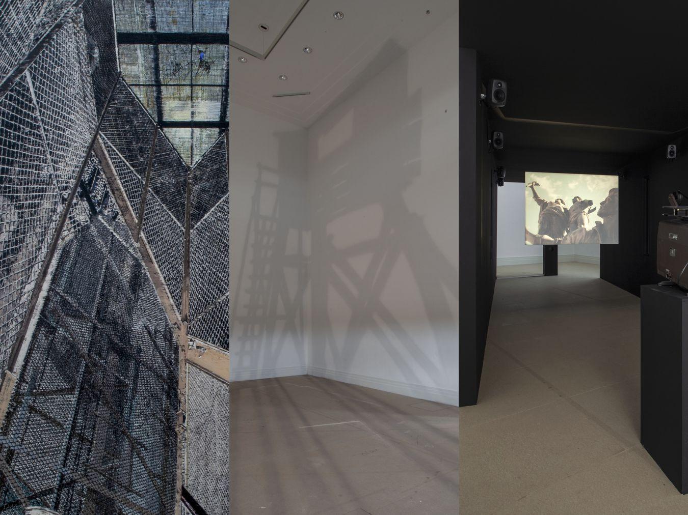 Yuan Yuan, Free Fall, 2018; Foto: Luca Girardini, Courtesy: der Künstler & Edouard Malingue Gallery; Nadia Kaabi-Linke, All Along the Watchtower, 2012/2014/2019, Foto: Timo Kaabi-Linke, Courtesy: die Künstlerin; Siska, LATENT BORDER(S), 2019, Foto: L