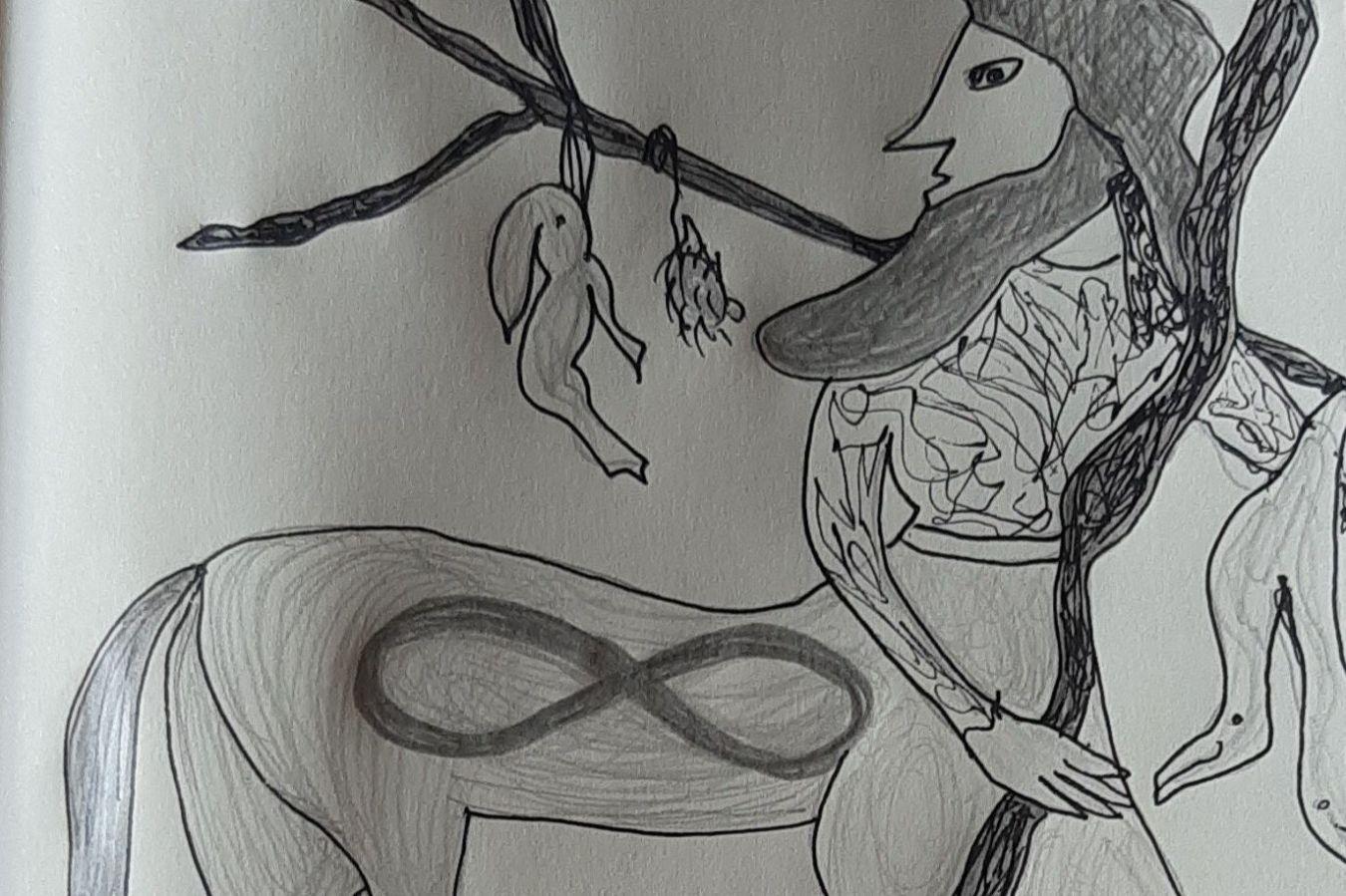 A drawing of a creature that is both human and animal