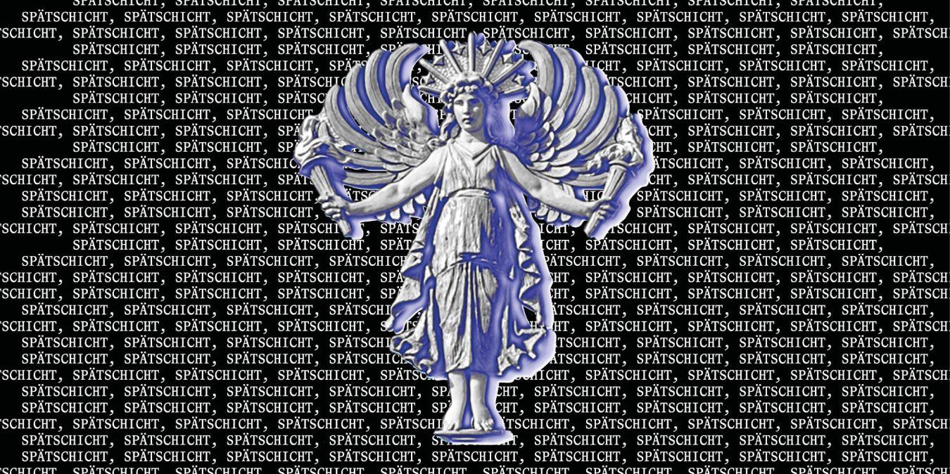 Eine farbinvertierte Engelsfigur mit zwei Fackeln in der Hand auf schwarzem Hintergrund, der vollständig mit dem Wort "Spätschicht" in kleiner weißer Schrift bedruckt ist.