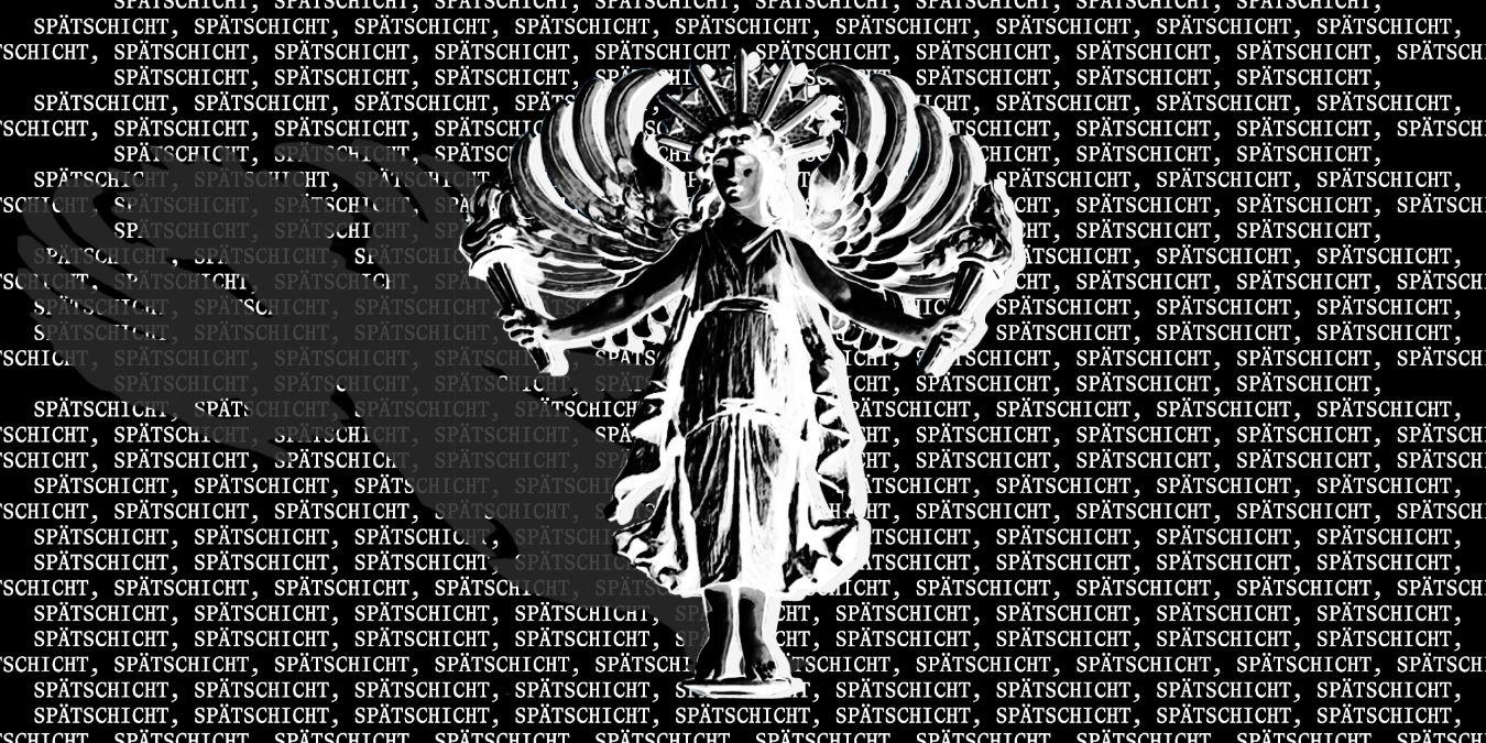 Farbinvertierter Engel in schwarz-weiß.