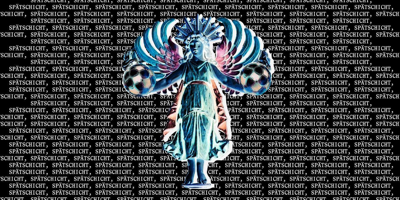 A colour-inverted angel figure holding two soccer balls on a black backdrop printed entirely with the word ‘Spätschicht’ in small white letters.