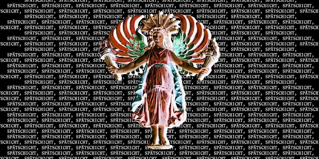A colour-inverted angel figure holding two torches on a black backdrop printed entirely with the word ‘Spätschicht’ in small white letters.