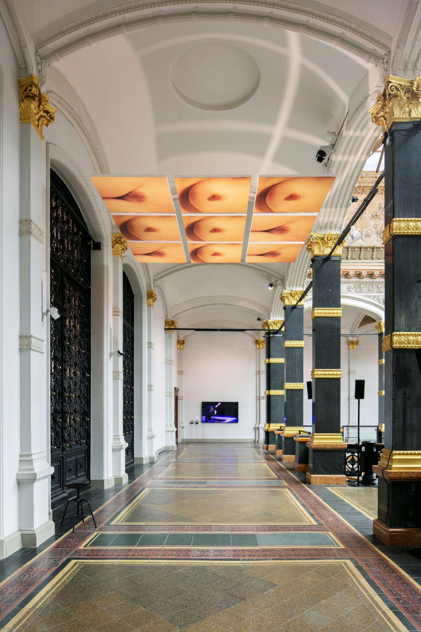 Nine large-format photographs of a breast and a vulva hang facing downwards in the upper tier of the atrium of the Gropius Bau.