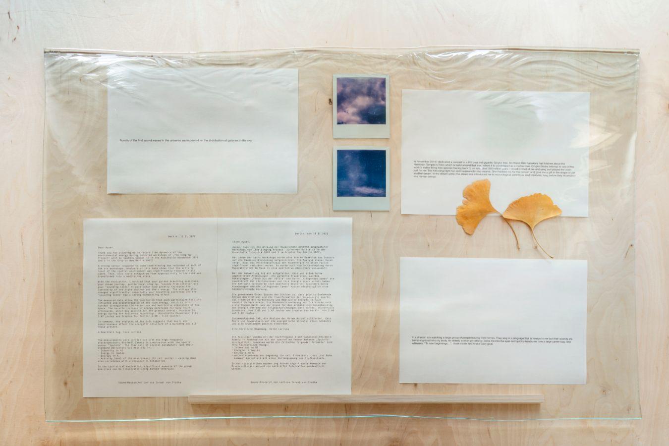 Collage auf Glas mit zwei Fotos, Textbögen und zwei gelben Ginkoblättern.