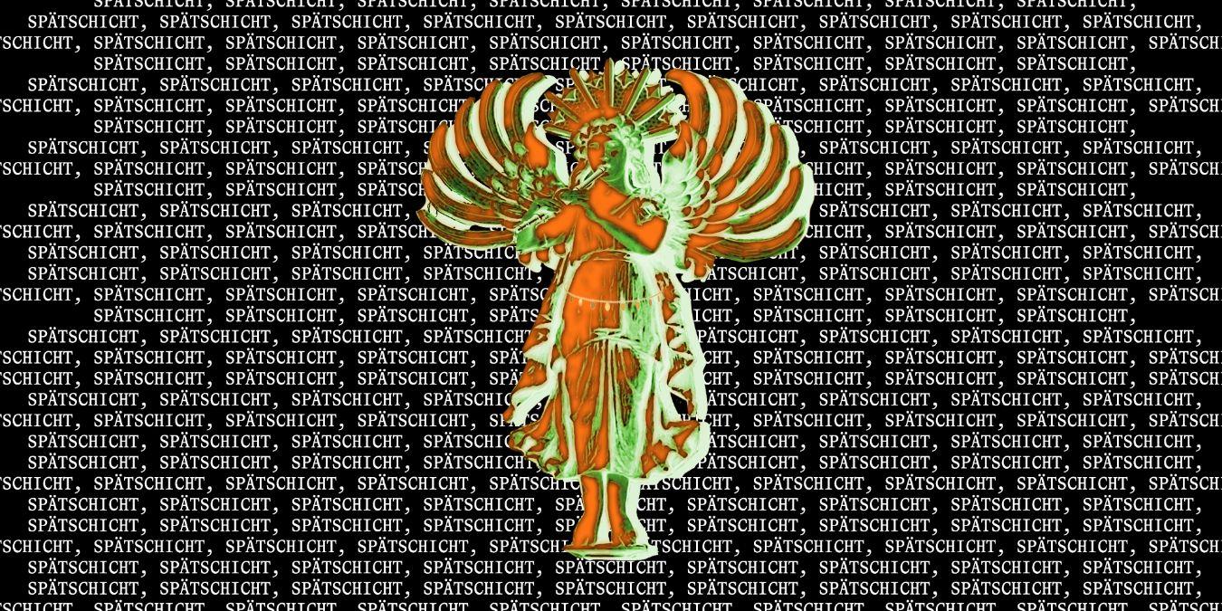 Eine orange-grüne Engelsfigur mit zwei Fackeln in der Hand auf schwarzem Hintergrund, der vollständig mit dem Wort "Spätschicht" in kleiner weißer Schrift bedruckt ist.