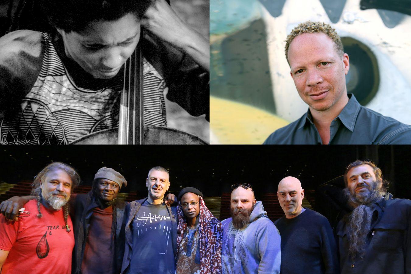 Collage mit Tomeka Reid aus The Hemphill Stringtet, Craig Taborn und den Musiker*innen aus Hamid Drakes Projekt „Turiya“