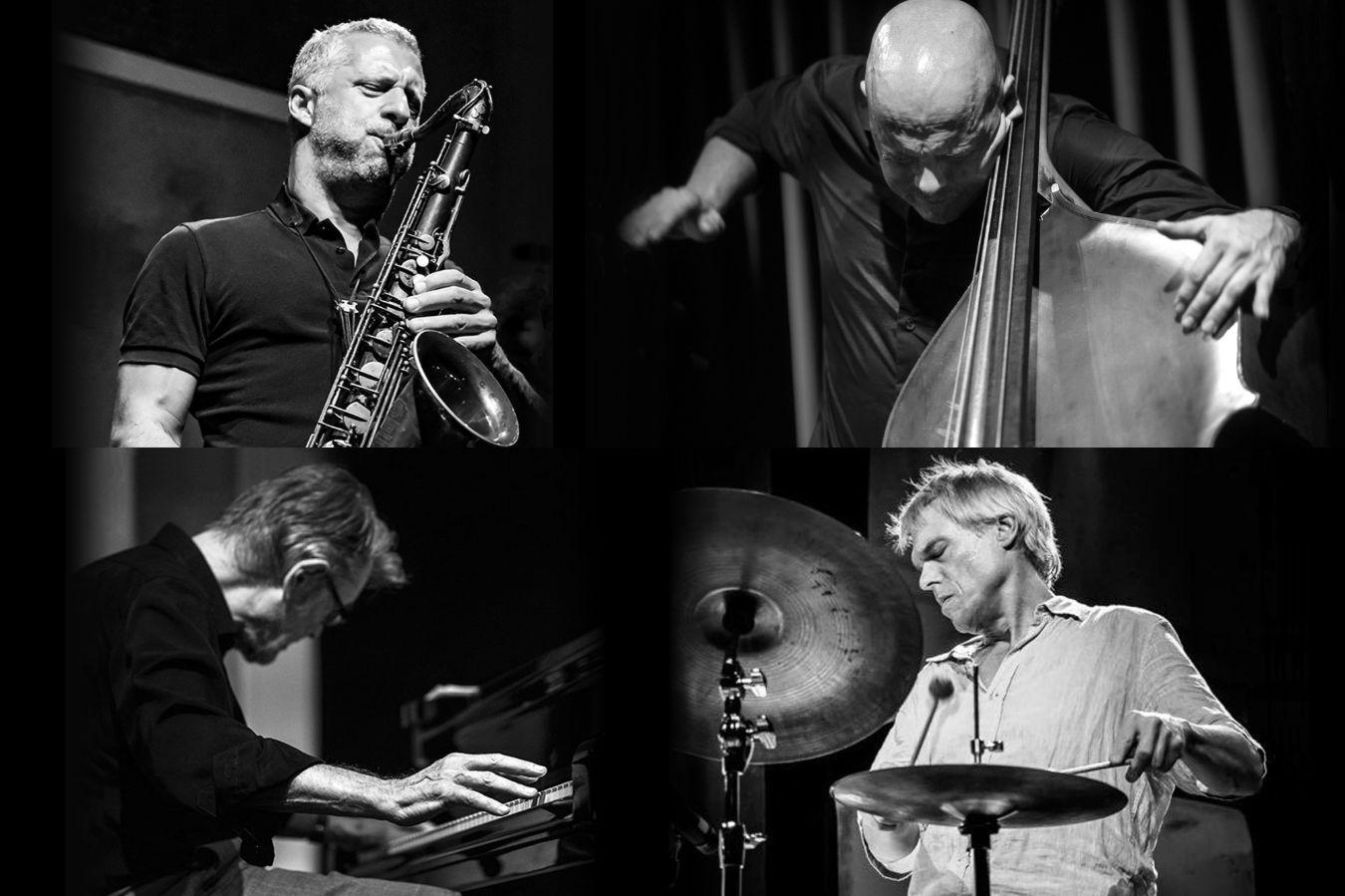 Collage mit Rodrigo Amado, Alexander von Schlippenbach, Ingebrigt Håker Flaten und Gerry Hemingway, die zusammen das Improvisationsquartett The Bridge bilden.