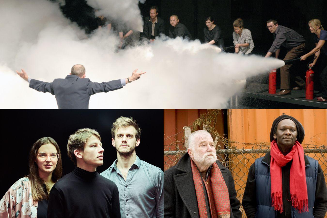 Collage mit Anleitungen für Feuerlöscher und Kirke Karja, Etienne Renard, Ludwig Wandinger, Peter Brötzmann, Hamid Drake