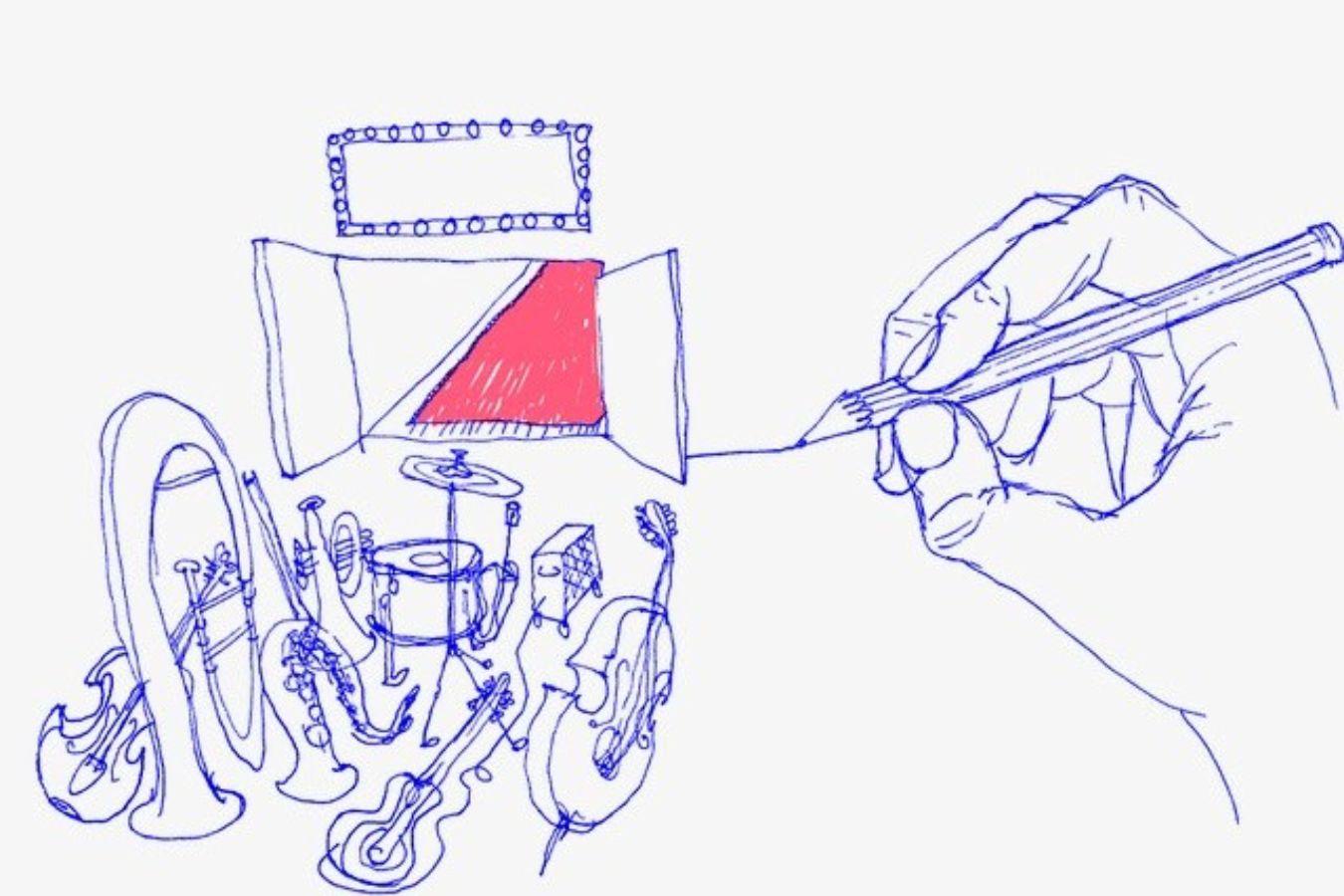Drawing: on the left in front various musical instruments, behind them a stage portal, on the right a hand holding a pencil