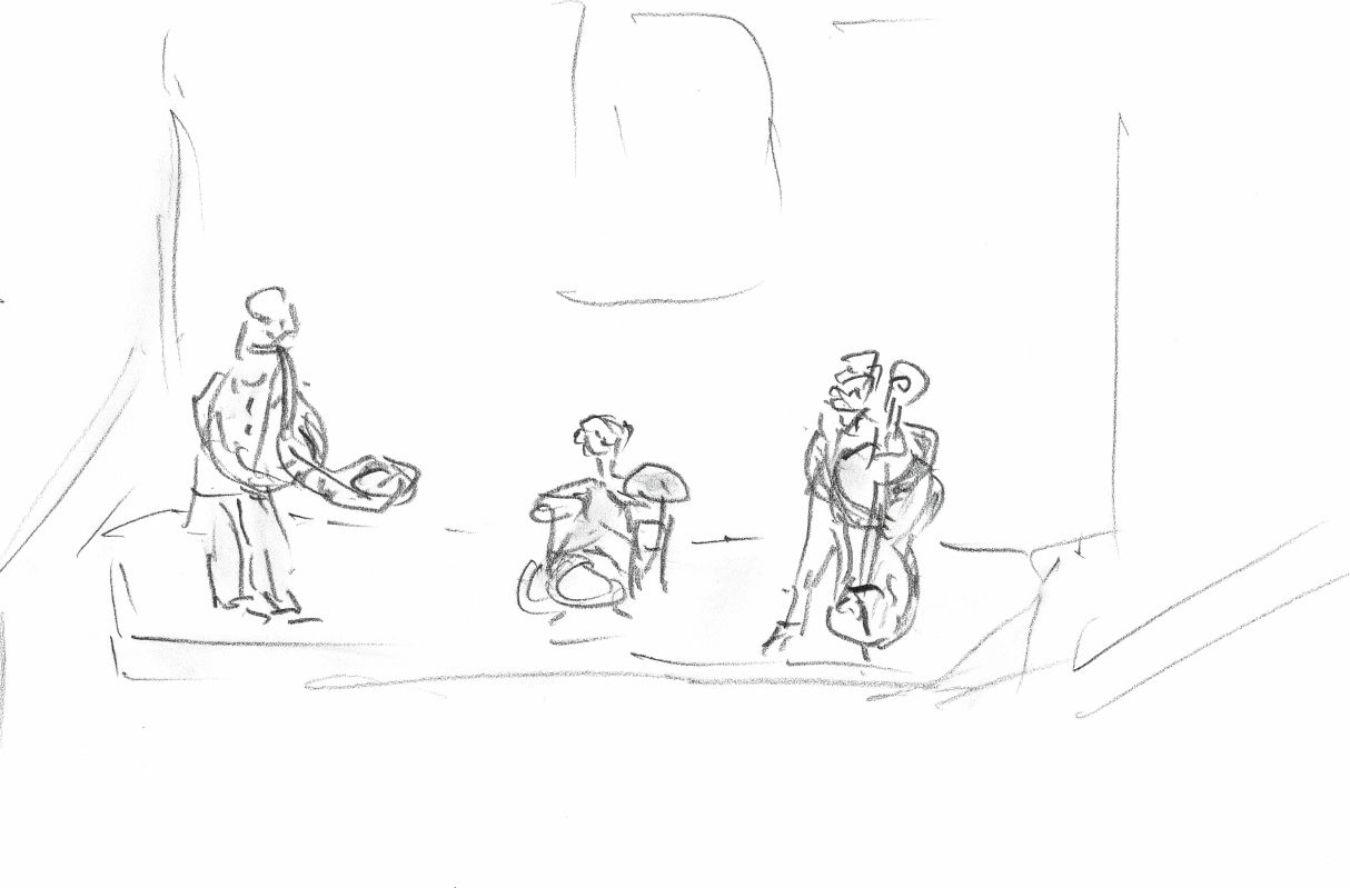 Schwarzweiße Zeichnung eines Musik-Trios