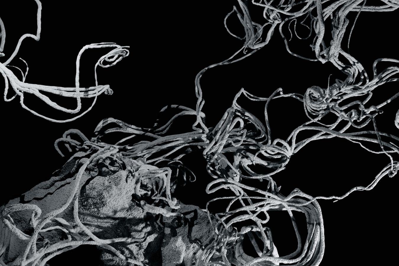 Clusters of threads move across the image area, emerging from lump-like formations.