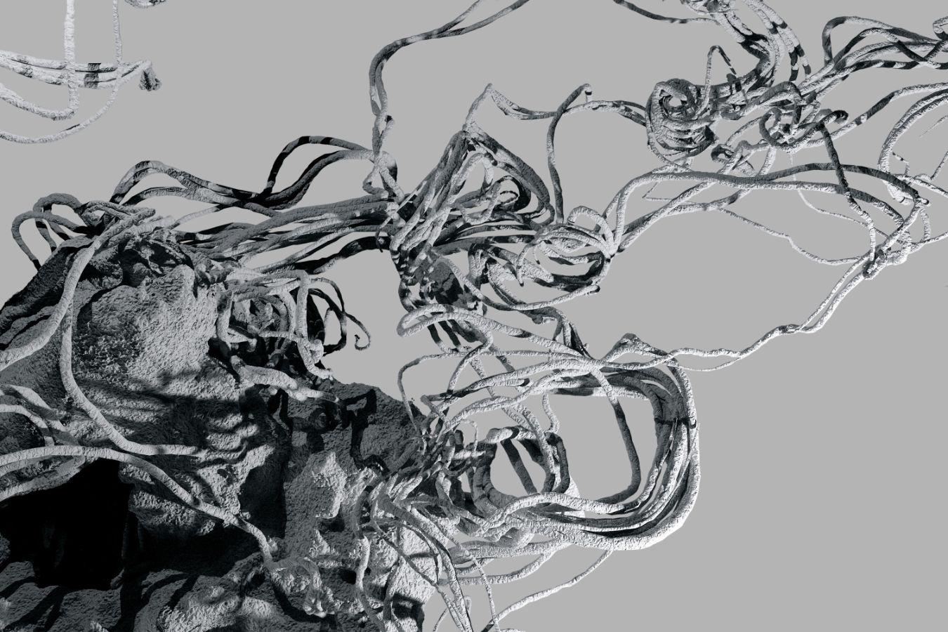 Clusters of threads move across the image area, emerging from lump-like formations.