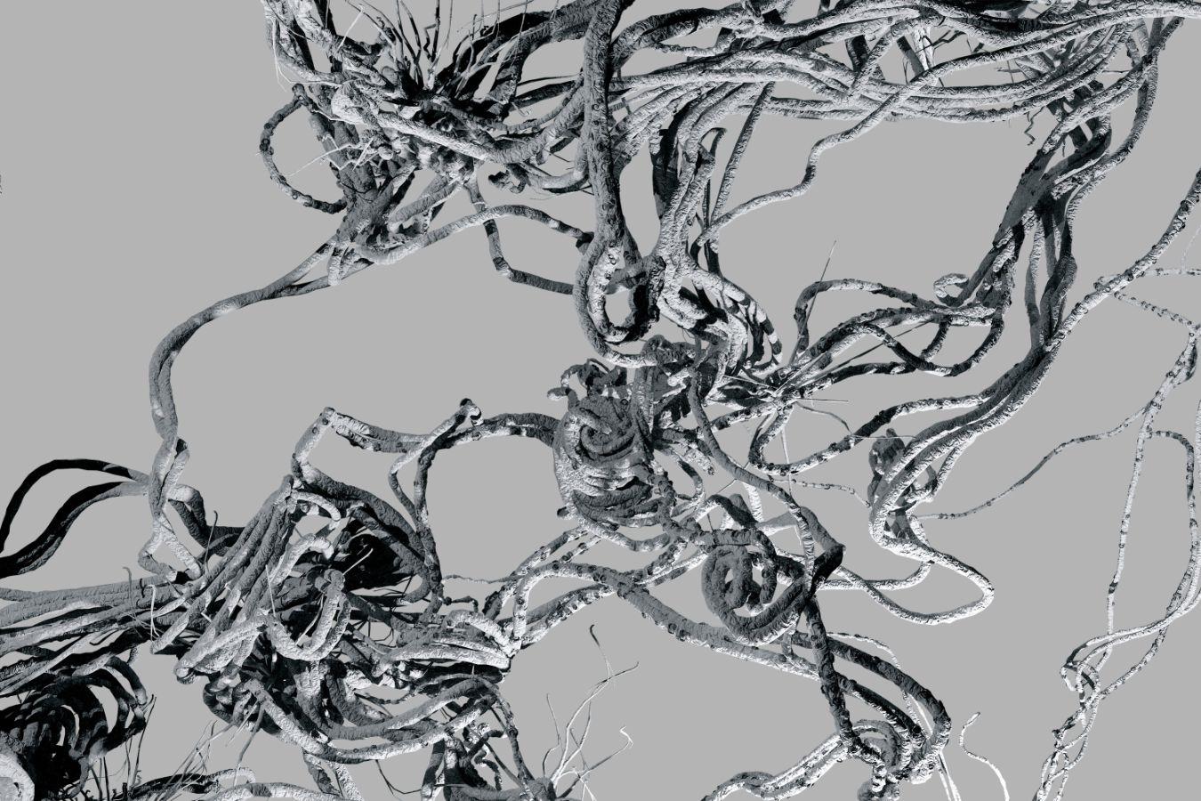 Clusters of threads move across the image area, emerging from lump-like formations.