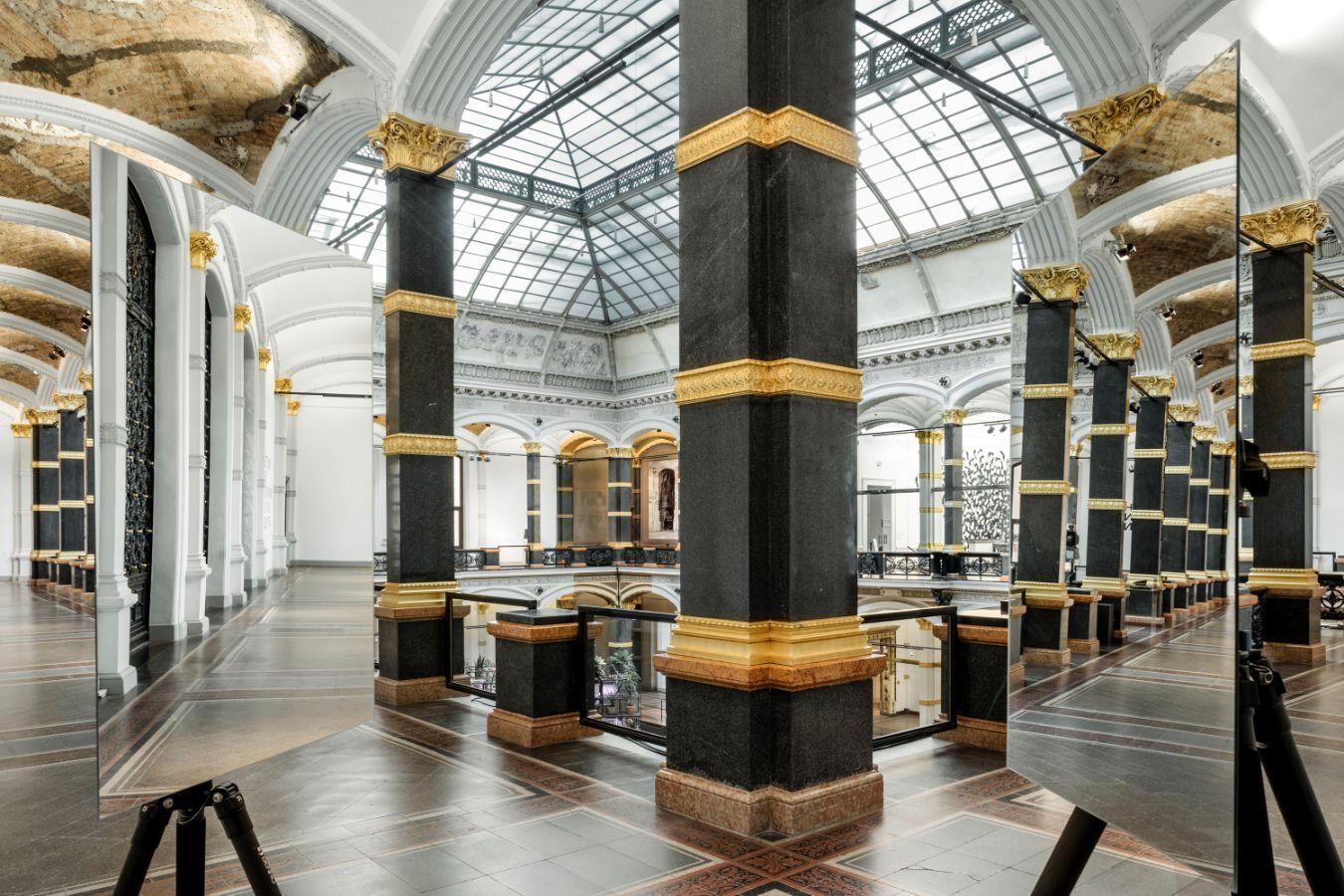 Martin-Gropius-Bau interior view, gallery on the 1st floor with view of the light roof above the large atrium