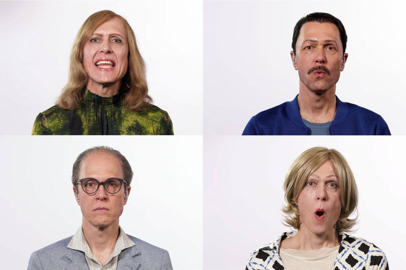 Frontal view of two male read persons and two female read persons in a collage. Three persons seem to form vowels with their mouths.